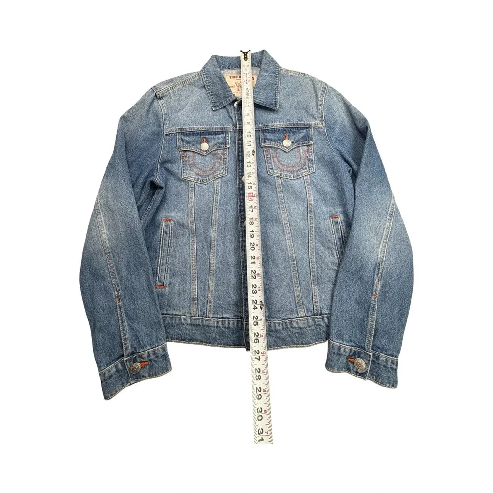 True Religion Denim Jacket Mens Medium Blue World Tour Trucker Horseshoe Stitch